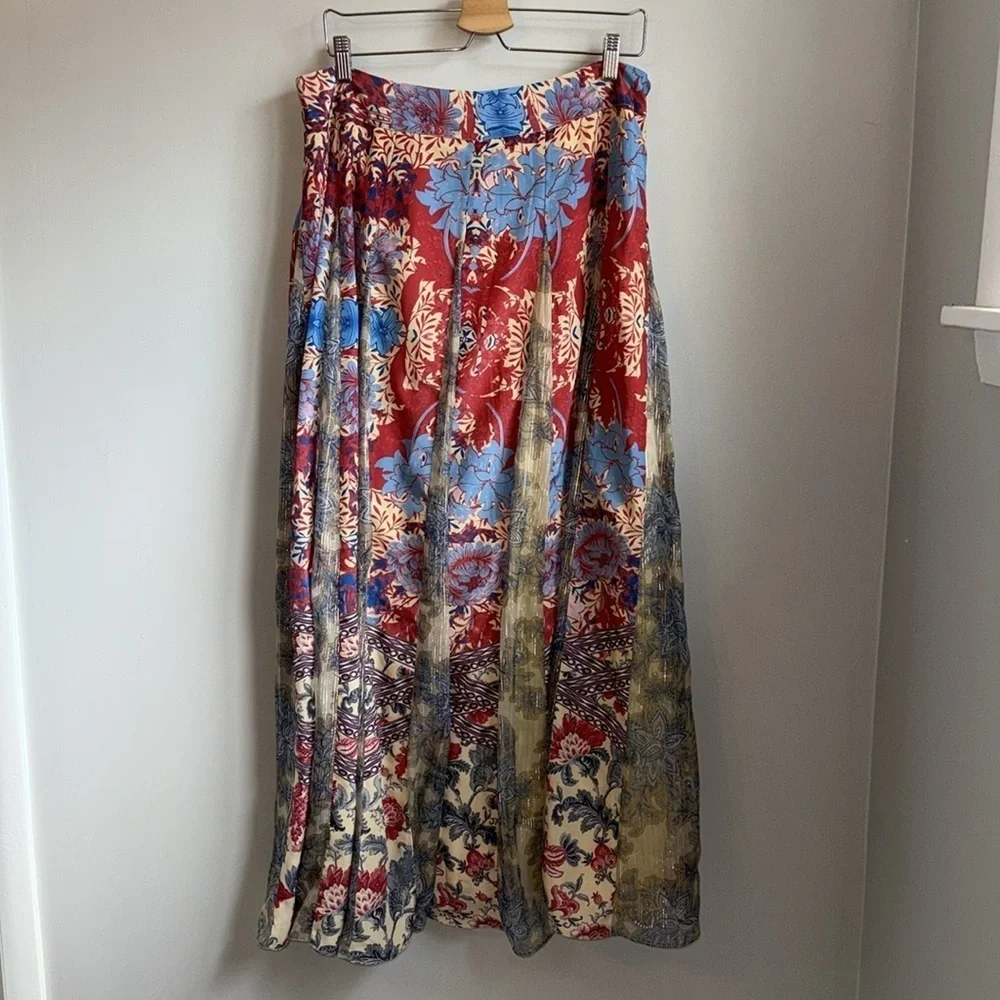 Anthropologie Hemant & Nandita Red Gold Blue Floral Louvre Maxi Skirt SZ L